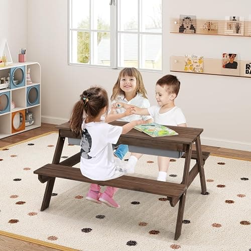 HONEY JOY Kids Picnic Table, 4 in 1 Cedar Wooden Sand & Water Table w/ 3 Removable Box & Umbrella, Kids Picnic Tables for Outdoors Backyard Garden, Toddler Patio Furniture Set for Boys Girls(Walnut) thumbnail 2