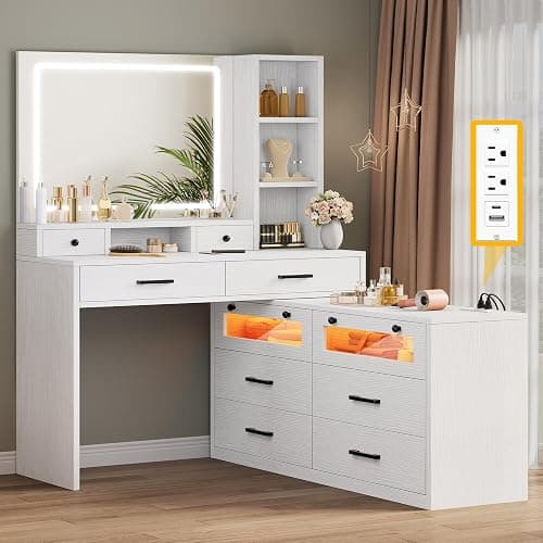 YITAHOME Vanity Desk with Mirror and Lights, RGB Makeup Vanity Table Set with 10 Drawers and 4 Storage Shelves, 3 Lighting Modes Adjustable, Large Makeup Dressing Table with Charging Station, White - Image 1