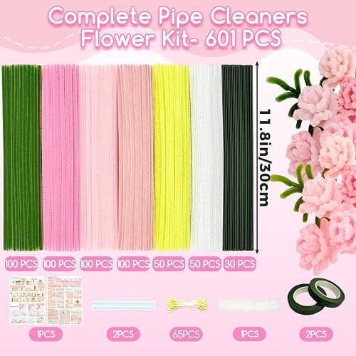 601PCS Complete Pink Pipe Cleaners Flower Kit–Pastel Pipe Cleaners for Flowers, DIY Craft Supplies for Projects, 6 Colors, with Floral Wires, Tape, Glue Sticks, Ribbon, Stamen, Manual & Video Tutorial thumbnail 2