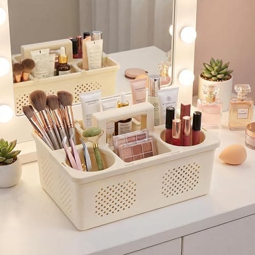 KMV Dorm Room Portable Shower Caddy with Adjustable Compartments - Ventilated Drainage Design with Handles, Perfect Toiletries Organizer for College Dorms-beige thumbnail 8