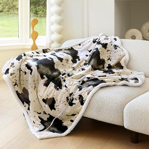 blunique Cow Print Heated Throw Blanket Electric Blanket-Heating Blanket Throw with 10 Heat Levels & 10 Hours Auto-Off, Cozy Soft Fleece Sherpa, Washable, 50 x 60 Inches Cow Print Light Brown thumbnail 2