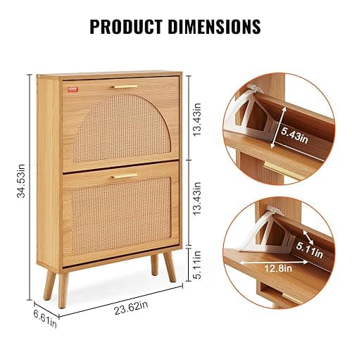 VEVOR Shoe Cabinet with 2 Flip Drawers, Shoe Storage Cabinet for Entryway, Free Standing Shoe Storage Organizer with Rattan Doors for Heels, Boots, Slippers in Hallway, Living Room - 23.62"D x 6.61"W x 34.53"H thumbnail 3