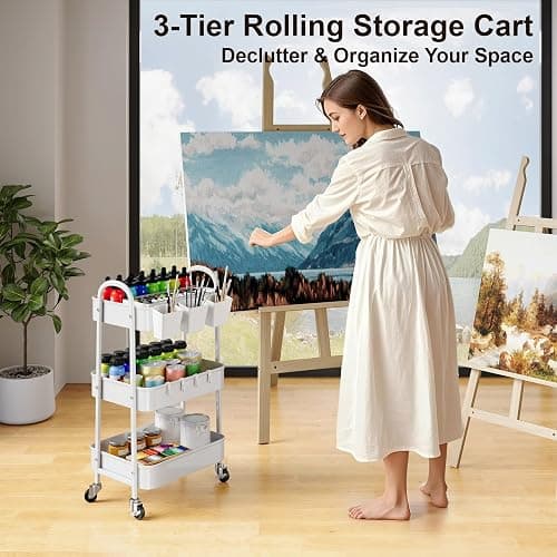3 Tier Heavy Duty White Metal Rolling Cart with Lockable Wheels, Three Tier Roller Book Snack Cart, Utility Storage Organizer Carts for Kitchen, Bathroom, Garage, Baby Diaper, Craft, Art, Teacher thumbnail 4