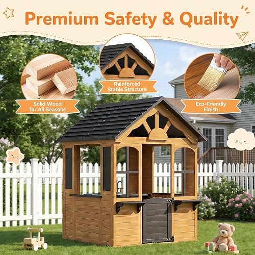 Aoxun Kids Outdoor Playhouse Wood Play House for Kids Ages 3-8 withPet Door | Backyard Cottage Playhouse with Play Kitchen,Snack Bar,Blackboards,Flowerpots,Children Toddler Playground Playset for Garden thumbnail 9