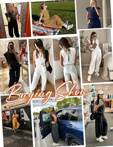 Flygo Womens Casual Jumpsuit Crewneck Cap Sleeve Long Wide Leg Pants One Piece Outfits Drawstring Romper with Pockets thumbnail 7