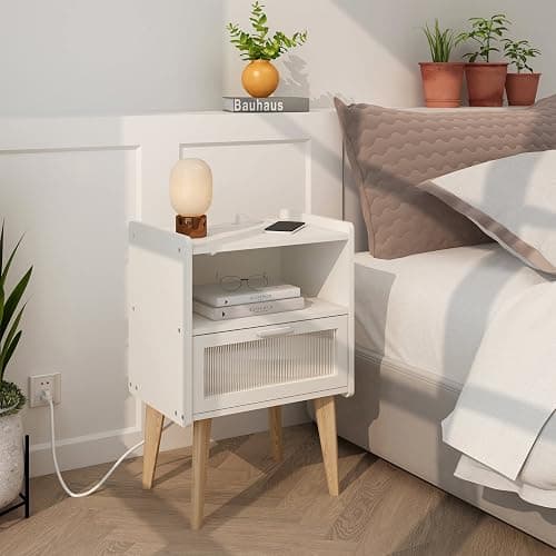 MMEOLUOOK Nightstand with Charging Station, Bedside Tables with Glass Decorative Door, End Table Side Table with 2 Tiers Storage Space, for Bedroom, Living Room, White CAMLBZ07WE thumbnail 2