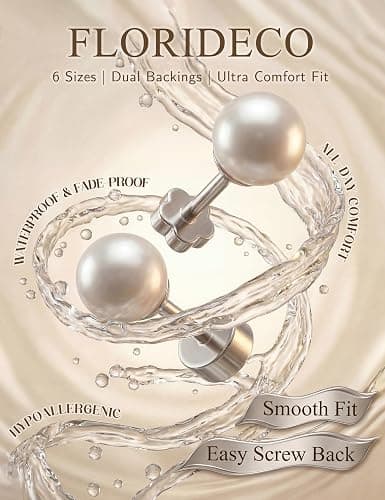 14K Gold Plated Pearl Earrings for Women Flat Back Stud Hypoallergenic | Small Pearl Earring Set, Cartilage Piercing, Stackable Lightweight Shiny Earring Studs, Plum Blossom Bonus, 3-8MM, 6 Pairs thumbnail 7