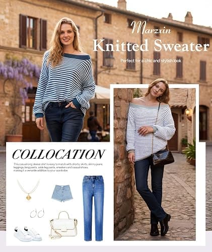 MARZXIN Women's 2025 Fall Long Sleeve Sweaters Casual Loose Striped Off Shoulder Casual Oversized Knitted Sweater Pullovers thumbnail 4