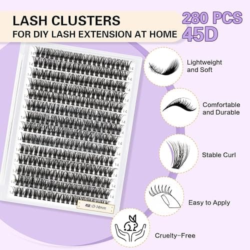 Lash Clusters Individual Lashes Lash 280 PCS Eyelash Clusters False Eyelash Lash Extension Fluffy Natural Cluster Eyelash Extensions DIY Eyelash Extensions at Home (RR280-45D-D-10mm) thumbnail 2