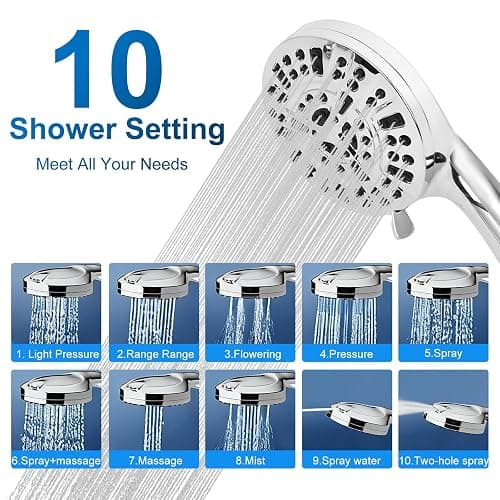 Shower Head,10 mode High Pressure shower head with handheld, Anti-clog Nozzles, Built-in 2 Power Wash to Clean Tub, Tile & Pets, High Flow Hand Held Shower Head, Leakproof 59 Inch Hose&Metal Bracket thumbnail 2