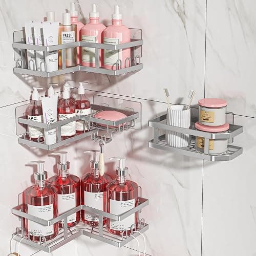 Youvip 4-Pack Adhesive Corner Shower Caddy with Soap Holder, No Drilling Wall Mounted Shower Shelves-Rustproof, Organizer for Bathroom, Kitchen & Home Decor. Silver thumbnail 5