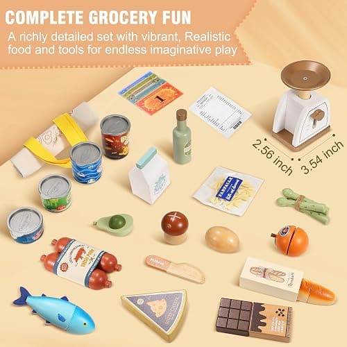 Pithfor Wooden Play Food Set for Kids Toddlers, Grocery Store Pretend Play Food, Pretend Grocery Shopping & Play Kitchen Accessories for Boys Girls thumbnail 4