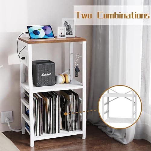 YAKANJ End Table with LED Light,Record Player Stand with Charging Station,Vinyl Records Storage,Turntable Stand Albums Storage for Music Room Studio-Industry White thumbnail 6