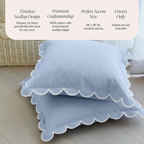 BEBE BASK Blue Scalloped Pillow Cover - Set of 2-18 x 18 Inch - Scallop Pillow Cover - Scalloped Pillows - Scallop Pillows - 100% Cotton - Grandmillennial Style (Sky Blue/White) thumbnail 3