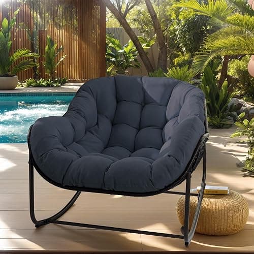 TIMWNER Papasan Rocking Chair, Oversized Egg Rocker for Indoor & Outdoor Use, All-Weather Wicker Patio Chair with Cushion & Pillow, Papasan Rocking Egg Chair for Bedroom, Garden, Dark Blue thumbnail 7