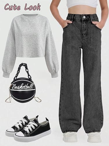 Fulihug Girls Wide Leg Jeans Baggy Bow Embroidery High Elastic Waist Denim Pants Cute Y2K Trendy Tween Streetwear 8-16Y thumbnail 5