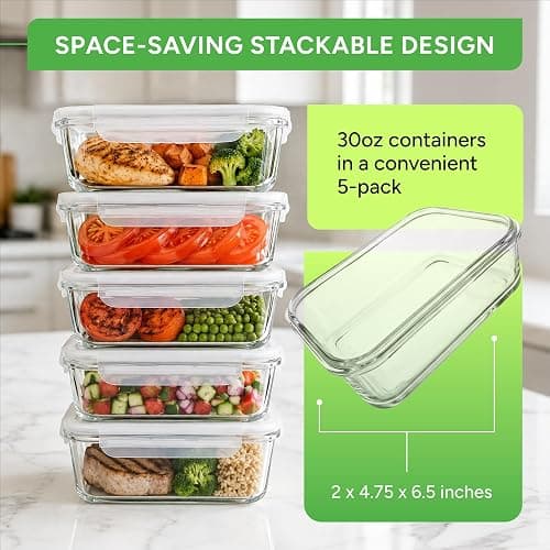 PrepNaturals 5 Pack 30oz Glass Meal Prep Containers - 1 Compartment | Borosilicate Glass Meal Prep Containers - Airtight Leak-Resistant Lids, Microwave, Oven & Freezer Safe (5-Pack, 30 oz) thumbnail 8