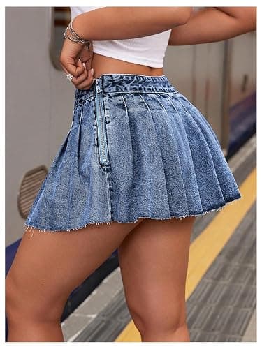 MakeMeChic Women's Pleated Denim Skirt Low Waist Raw Hem A Line Zipper Mini Jean Skirt thumbnail 2