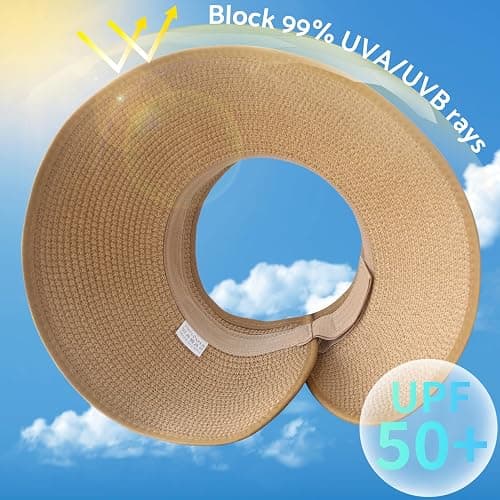 NPJY Sun Hats for Women Wide Brim Roll-Up Beach Ponytail Hat Packable Foldable Travel Straw Visor thumbnail 2