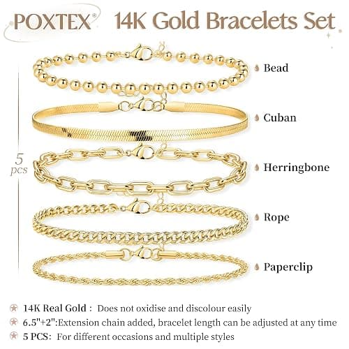 Poxtex Gold Bracelets for Women, 14K Real Gold Dainty 7" +2" Adjustable Multilayer Trendy Bracelets Set for Women Waterproof Inclued Beaded, Cuban, Paperclip, Snake, Rope, Figaro, Mirror, Satellite thumbnail 6