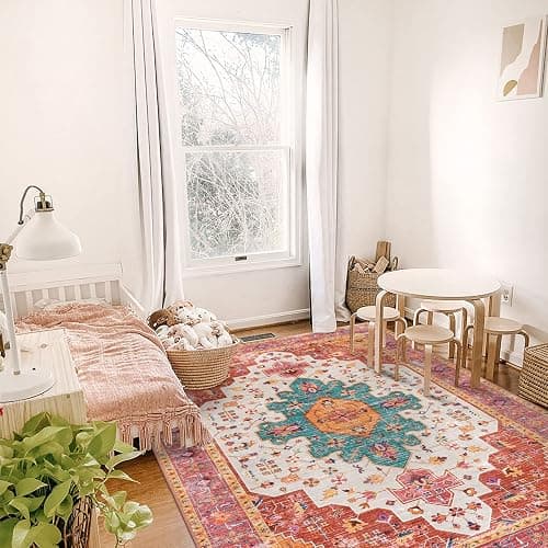Moynesa Ultra-Thin Washable Vintage Area Rug - 5x7 Large Bedroom Boho Non-Slip Non-Shedding Living Room Mat Oriental Medallion Floor Carpet for Kids Nursery Room Office, Pink/Teal/Multi thumbnail 7