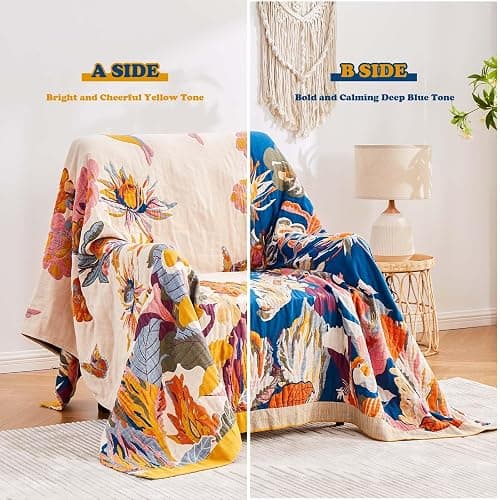 XIBLC Boho Throw Blanket, 100% Cotton Ultra Soft Luxury Throw Rustic Quilt, 50"x60" Floral Bird Butterfly Farmhouse Decor Bed Blankets, All Season Rustic Reversible Bohemian Throw for Bed - Yellow thumbnail 3