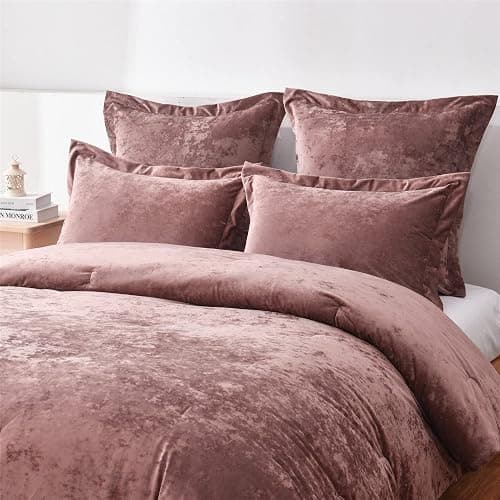 Fredsure Distressed Velvet Comforter Set, 5 Pieces Dusty Mauve Queen, Distressed Velvet Face and Brushed Microfiber Reverse thumbnail 3