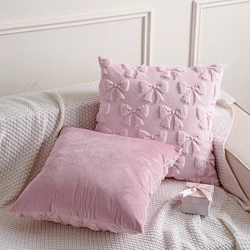 Mixweer Bow Pillow Covers Set of 2 Coquette Room Decor Cute Faux Fur Soft Bowknot Preppy Stuff Fluffy Plush Aesthetic Pillow Covers for Bed Sofa Couch, Fall Christmas Decor(20 x 20 Inch,Pink) thumbnail 7