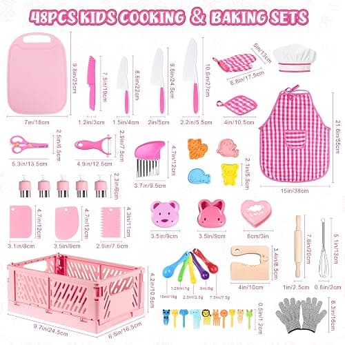 Kids Knife Set for Real Cooking: 48PCS Kids Kitchen Set, Kids Cooking Sets Real with Apron＆Basket, Kid Kitchen Accessories, Toddler Baking Kitchen Tools, Montessori Toys for 3+ Year Old Birthday Gifts thumbnail 4