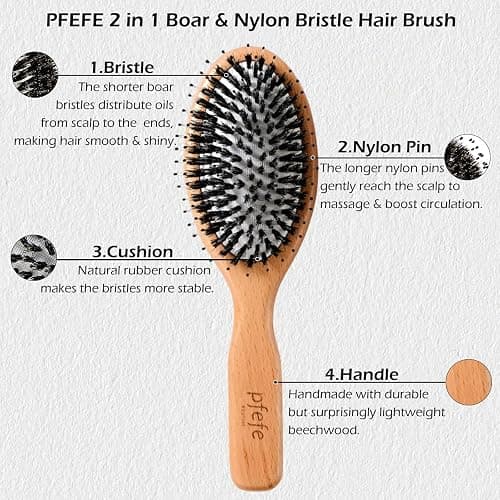 Boar Bristle Hair Brush - Natural Beechwood Detangling Brush for Men & Women, Soft Wooden Bristles Bursh with Travel Bag, Hairbrush for Long Short Thick Curly Wet Dry Hair thumbnail 2