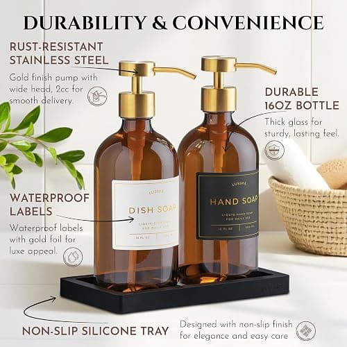 Glass Soap Dispenser Set of 2 (Amber) with Silicone Tray | Hand and Dish Soap Dispenser for Kitchen and Bathroom | 16.8 Oz Glass Bottles with Stainless Steel Pump & 15 Waterproof Labels (Amber/Gold) thumbnail 6