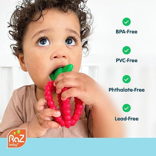 RaZbaby Bites Silicone Baby Teething Toy – Sensory Toy with Textured BerryBumps for Teething Relief, Easy-to-Hold Fruit Shape, BPA-Free, Soothes Front & Back Teeth – Gift for Babies, 3 Months+, Pink thumbnail 6