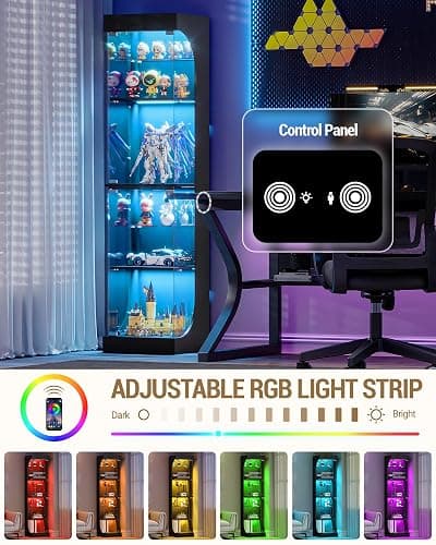 Display Cabinets with Glass Door and Colorful Lights , 4 Tiers, Black | Glass Display Intelligent Human Sensor, Display Case Bookcase for Living Room, Bedroom, for Collectibles Trophy thumbnail 4
