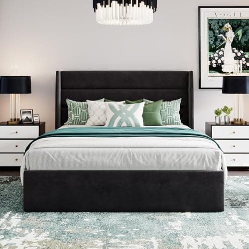 SHA CERLIN Queen Size Lift Up Storage Bed/Velvet Upholstered/Modern Wingback Headboard/Upholstered Platform Bed Frame/Hydraulic Storage/No Box Spring Needed/Black thumbnail 7