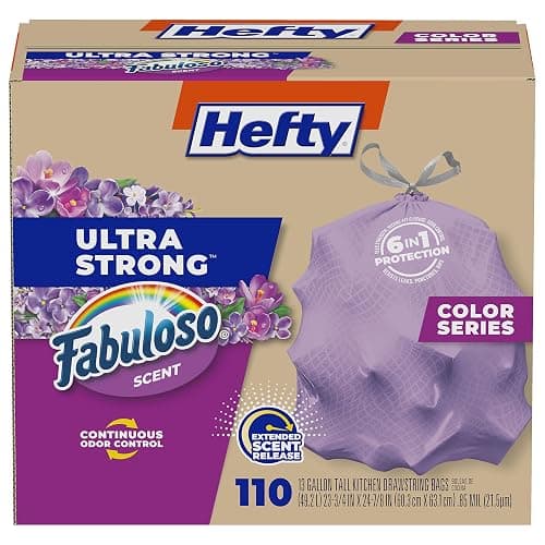 Hefty Ultra Strong 13 Gallon Trash Bags, Tall Kitchen Trash Bags 13 Gallon Size, Resist Leaks, Punctures, and Rips, Continuous Odor Control, Purple, Fabuloso Scent, 110 Bags - Image 1