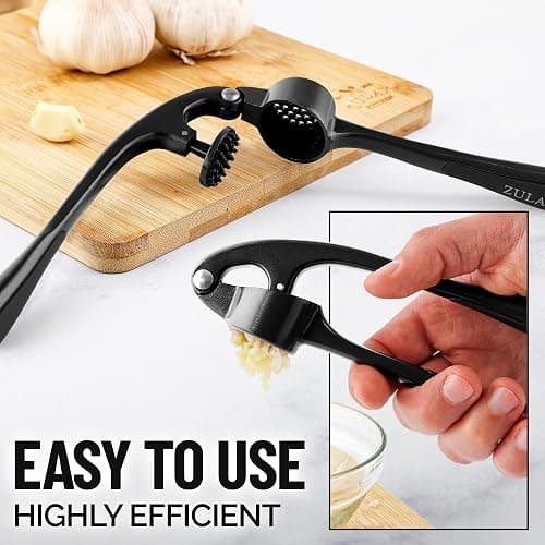 Zulay Kitchen Premium Garlic Press Set - Rust Proof Professional Garlic Mincer Tool - Easy-Squeeze, Easy-Clean with Soft, Ergonomic Handle - Silicone Garlic Peeler & Brush (Black) thumbnail 5
