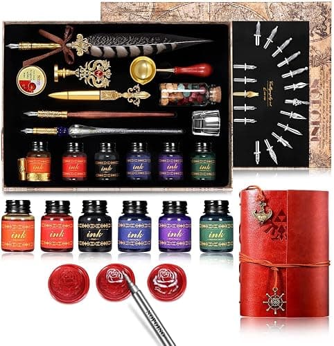 Vintage Pheasant Quill Pen Ink Set,Feather Dip Pen Set with Classic Spiral Bound Leather Notebook,Beginners Glass Dip Pen Wood Calligraphy Pen Craft Decoration Pen,Best Gift Kit for Writing,Drawing - Image 1