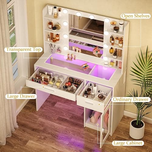 HUAHUU Vanity Desk with Mirror and Lights, Makeup Vanity Desk with Lights 3 Colors, Transparent Top Vanity with 2 RGB Drawers, 6 Shelves, Large Tempered Cabinet, Power Outlet, for Bedroom, White thumbnail 3