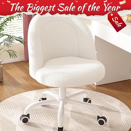 DurayLoly White Vanity Chair with Wheels, Cute Desk Chair with Back, Armless Office Chair Height Adjustable, Soft Lumbar Support for Small Space, Bedroom thumbnail 4