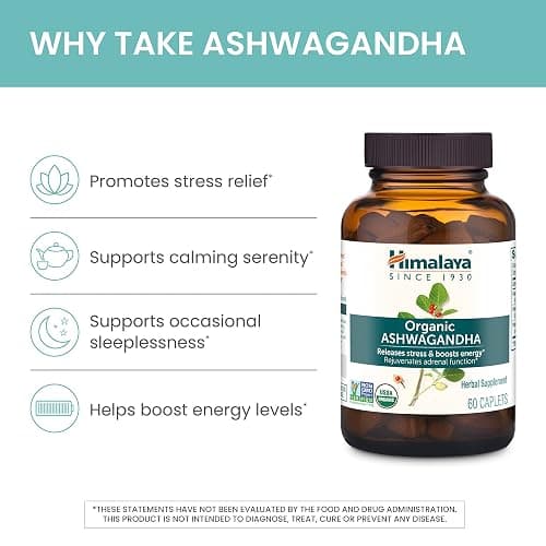 Himalaya Organic Ashwagandha Root, 60 Day Supply - Herbal Adrenal Support Supplements for Stress Relief and Energy Support - USDA Organic, Non-GMO, Vegan, Gluten Free, No Additives, 670 mg, 60 Caplets thumbnail 3