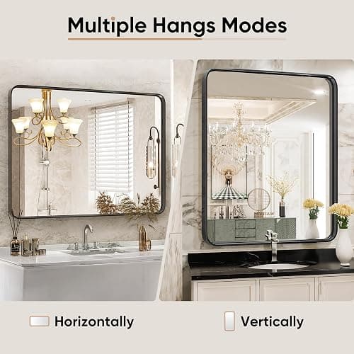 DUMOS Black Metal Framed Vanity Rounded Rectangle Bathroom Mirrors for Over Sink Wall, 30x22 Inch Matte Large Mirror, Modern Decorative for Restroom, Farmhouse, Horizontally or Vertically Hanging thumbnail 5