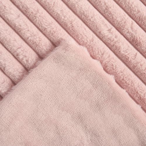 OHS Faux Fur Ribbed Pink Throw, Winter Warm Thick Blanket for Bed Sofas Fleece Throws for Home Decorative Comfy Super Soft Couch Cover Throw, 125 x 150cm - Blush thumbnail 8