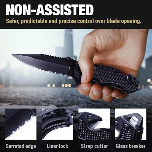 GOOD WORKER Legal Pocket Knife with 2.95” Serrated Blade, Glass Breaker, Seat Belt Cutter - EDC Sharp Folding Knives with Portable Clip - Small Tool for Tactical Camping Survival Hiking - Gifts for Men, Women thumbnail 4