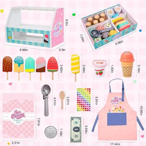Meland Ice Cream Toy - Wooden Ice Cream Play Set with Aprons, Pretend Play Toys with Play Food, Wooden Play Store Toys for Toddlers, Kids Toys & Gift for Girls Boys Age 3 4 5 6 7 Years Old thumbnail 3