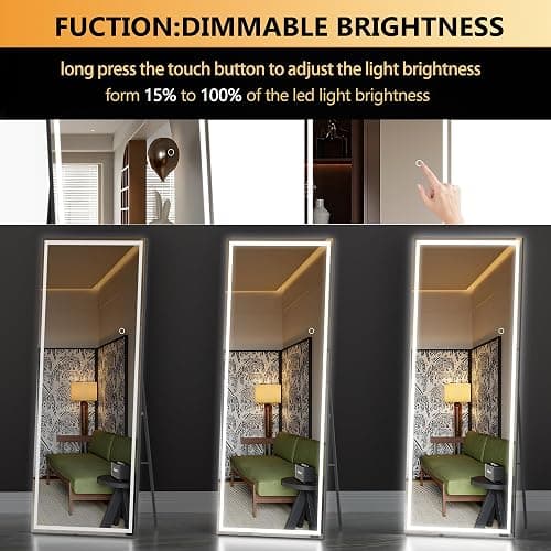 HASIPU Full Length Mirror with Lights, 56" x 18" LED Lighted Floor Standing Mirror, Full Body Dressing Hanging Mounted Mirror, Dimmable, Tempered Glass, Safe to Use, Square Black thumbnail 4