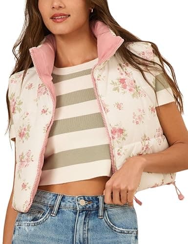 InterNos Womens Cropped Floral Print Puffer Vest Lightweight Stand Collar Zip up Sleeveless Winter Padded Coats - Image 1