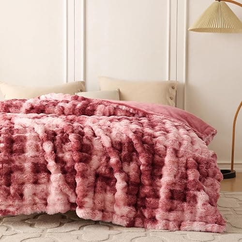 COOVA Faux Fur Throw Blanket for Couch, Cozy Soft and Fuzzy Plush Rabbit Fur Bubble Blanket for Sofa Bedroom Living Room, 50x60 Inches Tie Dye Magenta thumbnail 4