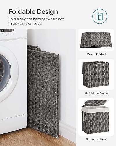 SONGMICS 130L Clothes Hamper with Lid, 2 Removable Liner Bags, 6 Mesh Bags, Wicker, Double Laundry Basket for Bathroom, 13 x 26 x 23.6 Inches, Gray ULCB253G01 thumbnail 9