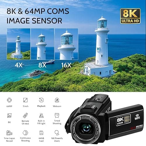 Video Camera 8K Camcorder, 64MP IR Night Vision Vlogging Camera for YouTube | WiFi, 18X Digital Zoom, 3.0 Inch Touch Screen, Microphone, Lens Hood, 64GB SD Card, Remote Control, 4500mAh Battery thumbnail 2