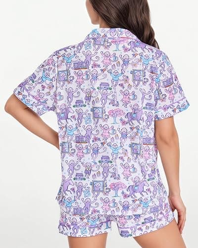 Zuafy Women’s Pajamas Set 2 Piece Pjs Monkey Cute Short Sleeve Notch Collar | Y2k Matching Set, Lightweight Soft, Button Down with Pocket, Sleepover Daily Lounge for Summer Beach Vacation Holiday Gift thumbnail 6